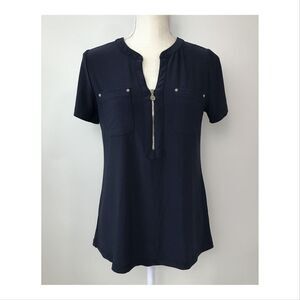 Anne Klein Womens Blouse Small 1/2 Zip Pockets V-Neck Notch Short Sleeve Blue